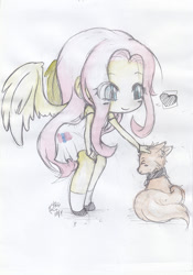 Size: 577x825 | Tagged: safe, artist:reikosketch, fluttershy, dog, human, heart, humanized, traditional art, winged humanization