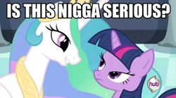 Size: 900x500 | Tagged: safe, edit, edited screencap, screencap, princess celestia, twilight sparkle, alicorn, pony, hub logo, image macro, meme, nigga, the hub, vulgar