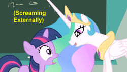 Size: 1366x768 | Tagged: safe, edit, screencap, princess celestia, twilight sparkle, alicorn, pony, caption, descriptive noise, meme, screaming internally, x externally, x internally, younger