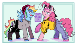 Size: 2976x1747 | Tagged: safe, artist:maddzroks, derpibooru import, pinkie pie, rainbow dash, earth pony, pegasus, pony, abstract background, baseball cap, beanie, cap, clothes, dialogue, duo, ear fluff, ear piercing, earring, female, hat, jeans, jewelry, lidded eyes, looking at you, mare, pants, piercing, raised hoof, smiling, speech bubble, stripes, sweater