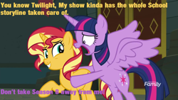 Size: 1280x720 | Tagged: safe, edit, edited screencap, screencap, sunset shimmer, twilight sparkle, twilight sparkle (alicorn), alicorn, pony, unicorn, better together, equestria girls, forgotten friendship, spoiler:s08, don't take this away from me, duo, raised hoof