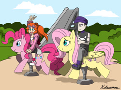 Size: 1024x763 | Tagged: safe, artist:obsidianwolf7, fluttershy, pinkie pie, earth pony, human, pegasus, pony, clothes, crossed arms, female, freckles, hat, hoodie, humans riding ponies, kiddie ride, mare, playground, riding, smiling, sunglasses, unamused