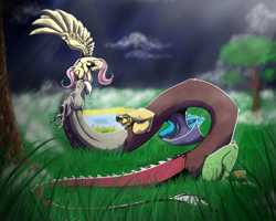 Size: 999x799 | Tagged: safe, artist:dantalianletrou, discord, fluttershy, pegasus, pony, bedroom eyes, discoshy, eyes closed, female, flying, grass, male, night, on back, shipping, sky, smiling, spread wings, straight, tree