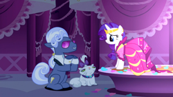 Size: 1366x768 | Tagged: safe, screencap, hoity toity, opalescence, rarity, pony, unicorn, suited for success, sitting