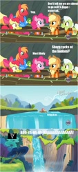 Size: 642x1417 | Tagged: safe, apple bloom, applejack, big macintosh, granny smith, pinkie pie, earth pony, pony, pinkie apple pie, boat, male, stallion, the emperor's new groove, waterfall