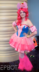 Size: 830x1500 | Tagged: artist needed, safe, pinkie pie, human, 2014, clothes, convention, cosplay, irl, irl human, leg warmers, megacon, otakon, photo, socks, solo, strapless, striped socks