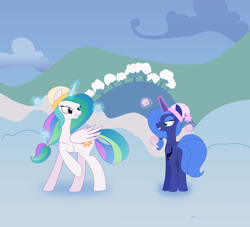 Size: 1600x1450 | Tagged: safe, artist:shinkaii, princess celestia, princess luna, alicorn, pony, duo, hat, magic, sisters, snow, snowball, telekinesis, winter