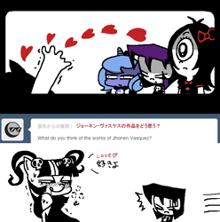 Size: 636x642 | Tagged: safe, derpibooru import, twilight sparkle, ask gothtwi, chibi luna, crossover, gaz membrane, invader zim, iris (ruby gloom), japanese, ruby gloom, tumblr