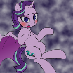 Size: 1000x1000 | Tagged: safe, artist:baigak, color edit, edit, starlight glimmer, bat pony, pony, unicorn, bat wings, blushing, colored, cutie mark, fangs, female, glimbat, halloween, holiday, solo, traditional art, wings