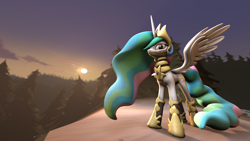 Size: 1920x1080 | Tagged: safe, artist:zoomerart, princess celestia, alicorn, pony, 3d, armor, cliff, solo, source filmmaker, sunset, tree