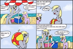 Size: 3101x2107 | Tagged: safe, artist:ciriliko, derpy hooves, dinky hooves, pegasus, pony, air nozzle, beach, beach ball, blowing, comic, creeper, engrish, female, food, grammar error, inflating, mare, muffin, puffy cheeks