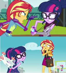 Size: 852x937 | Tagged: safe, sci-twi, sunset shimmer, twilight sparkle, better together, equestria girls, forgotten friendship, friendship games, comparison, geode of empathy, geode of telekinesis, magical geodes, rock horse, role reversal, selfie drone