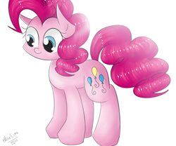 Size: 1024x851 | Tagged: safe, artist:mite-lime, pinkie pie, earth pony, pony, female, mare, signature, simple background, smiling, solo, standing, white background