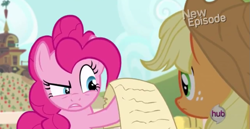 Size: 1023x529 | Tagged: safe, applejack, pinkie pie, earth pony, pony, pinkie apple pie, angry, hub logo