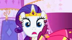 Size: 1366x768 | Tagged: safe, screencap, rarity, pony, unicorn, suited for success, female, horn, mare, purple mane, solo, white coat