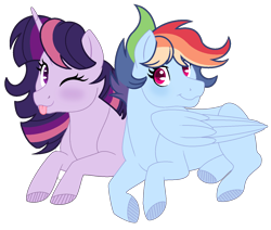 Size: 1456x1236 | Tagged: safe, artist:thesmall-artist, derpibooru import, rainbow dash, twilight sparkle, twilight sparkle (alicorn), alicorn, pegasus, pony, base used, female, lesbian, prone, shipping, simple background, tongue out, transparent background, twidash