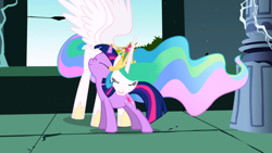 Size: 1366x768 | Tagged: safe, screencap, princess celestia, twilight sparkle, alicorn, pony, friendship is magic, castle of the royal pony sisters, neck hug, twilight cat