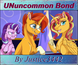 Size: 3042x2548 | Tagged: safe, artist:firimil, starlight glimmer, sunburst, sunset shimmer, alicorn, alicornified, description is relevant, do i look angry, faic, fanfic, fanfic art, fanfic cover, meme, race swap, rage face, starlight is not amused, unamused