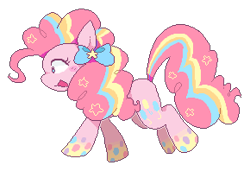 Size: 290x198 | Tagged: dead source, safe, artist:milkii-ways, pinkie pie, earth pony, pony, bow, cute, cutie mark, diapinkes, female, hair bow, open mouth, pixel art, rainbow power, simple background, smiling, solo, walking, white background