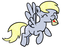 Size: 1646x1464 | Tagged: safe, artist:raptorfarts, derpy hooves, pegasus, pony, eyes closed, female, flying, letter, mare, mouth hold, simple background, solo, transparent background