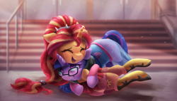 Size: 3840x2180 | Tagged: safe, artist:vanillaghosties, sci-twi, sunset shimmer, twilight sparkle, pony, unicorn, better together, forgotten friendship, alternate hairstyle, clothes, crying, cute, daaaaaaaaaaaw, eyes closed, female, glasses, hug, mare, open mouth, ponied up, ponified, scitwilicorn, shimmerbetes, tears of joy, twiabetes