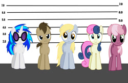 Size: 1138x742 | Tagged: safe, artist:metalgriffen69, artist:mylittleprimo, bon bon, cheerilee, derpy hooves, dj pon-3, doctor whooves, sweetie drops, vinyl scratch, pegasus, pony, female, mare, size chart, size comparison, the usual suspects