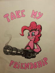 Size: 774x1032 | Tagged: safe, artist:batonya12561, pinkie pie, earth pony, pony, gun, machine gun, minigun, solo, traditional art