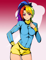 Size: 2550x3300 | Tagged: safe, artist:reddgeist, derpibooru import, rainbow dash, human, alternate hairstyle, clothes, female, gradient background, hand on hip, humanized, looking at you, shorts, solo, sports, sports outfit, sports shorts, tight clothing