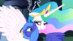 Size: 1366x768 | Tagged: safe, screencap, princess celestia, princess luna, alicorn, pony, friendship is magic, animation error, castle of the royal pony sisters, crying, s1 luna, swanlestia, tears of joy