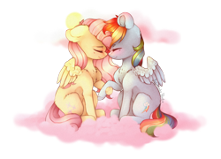 Size: 1024x738 | Tagged: safe, artist:twinkepaint, derpibooru import, fluttershy, rainbow dash, pegasus, pony, chest fluff, cloud, eyes closed, female, flutterdash, holding hooves, lesbian, mare, on a cloud, shipping, simple background, sitting, smiling, transparent background, wings