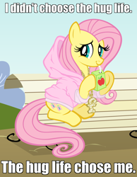 Size: 1300x1673 | Tagged: safe, artist:are-you-jealous, edit, fluttershy, pegasus, pony, bench, clothes, cute, gangsta, hoodie, hoof hold, hug life, juice box, meme, necklace, sitting, smiling, solo