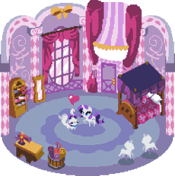 Size: 582x585 | Tagged: safe, artist:pix3m, opalescence, rarity, pony, unicorn, 8-bit, bed, bedroom, bucket, carousel boutique, curtains, door, drapes, heart, interior, mannequin, mirror, pixel art, shelf, table, window