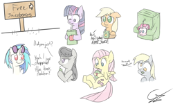 Size: 2500x1500 | Tagged: safe, artist:bloodwolvenl, applejack, derpy hooves, dj pon-3, fluttershy, octavia melody, pinkie pie, twilight sparkle, vinyl scratch, earth pony, pegasus, pony, unicorn, :t, confused, cute, derp, eating, fail, female, floppy ears, flying, frown, grimcute, hoof hold, juice, juice box, lidded eyes, mare, nom, open mouth, puppy dog eyes, raised eyebrow, role reversal, sad, simple background, smiling, wat, white background, wide eyes