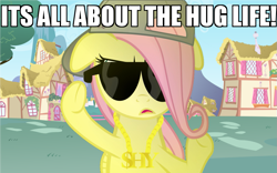 Size: 895x559 | Tagged: safe, fluttershy, pegasus, pony, cute, gangsta, hug life, meme, ponyville, solo