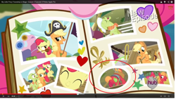 Size: 1378x776 | Tagged: safe, apple bloom, applejack, big macintosh, granny smith, pinkie pie, earth pony, pony, pinkie apple pie, album, book, male, scrapbook, stallion