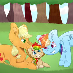 Size: 1024x1024 | Tagged: safe, artist:zevhara, derpibooru import, applejack, rainbow dash, oc, oc:zap apple, earth pony, pegasus, pony, appledash, cute, female, lesbian, magical lesbian spawn, next generation, offspring, parent:applejack, parent:rainbow dash, parents:appledash, shipping, smiling, tree