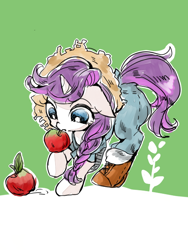 Size: 480x640 | Tagged: safe, artist:wan, rarity, pony, unicorn, apple, mouth hold, rarihick, solo