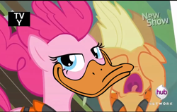 Size: 800x508 | Tagged: safe, edit, edited screencap, screencap, applejack, pinkie pie, earth pony, pony, pinkie apple pie, beak, donald duck, duckface, hub logo, literal, literal duck face, screaming, tv rating, tv-y