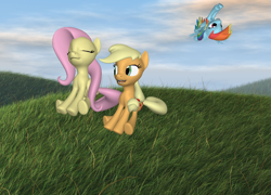 Size: 1370x988 | Tagged: safe, artist:darth-silas, derpibooru import, applejack, fluttershy, rainbow dash, earth pony, pegasus, pony, 3d, 3d pony creator, breeze, flying, grass, hatless, hill, missing accessory, peace, peaceful, pony creator 3d, ponylumen, sitting, smiling, summer, upside down