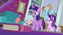 Size: 1920x1080 | Tagged: safe, screencap, cozy glow, rainbow dash, starlight glimmer, twilight sparkle, twilight sparkle (alicorn), alicorn, pegasus, pony, unicorn, school raze, book, bookshelf, cozy glow is best facemaker, cozy glow is not amused, excalibur face, faic, female, filly, foal, grimace, mare, quartet