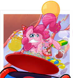 Size: 1071x1142 | Tagged: safe, artist:pomnoi, pinkie pie, pony, balloon, chips, confetti, food, hat, nachos, party hat, present, punch (drink), punch bowl, slide, solo, table