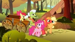 Size: 5982x3388 | Tagged: safe, artist:theshadowstone, apple bloom, applejack, big macintosh, granny smith, pinkie pie, earth pony, pony, pinkie apple pie, male, scene interpretation, stallion, vector, wagon