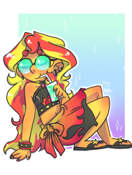 Size: 960x1280 | Tagged: safe, artist:jackytheripperart, sunset shimmer, better together, equestria girls, forgotten friendship, bracelet, clothes, drink, drinking, female, jewelry, sandals, simple background, solo, spiked wristband, sunglasses, swimsuit, wingding eyes, wristband