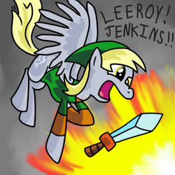 Size: 1000x1000 | Tagged: safe, artist:sir-croco, derpy hooves, pegasus, pony, female, leeroy jenkins, link, mare, sword, the legend of zelda, weapon