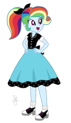 Size: 750x1290 | Tagged: safe, artist:ilaria122, derpibooru import, rainbow dash, better together, equestria girls, rollercoaster of friendship, 1950s, 1950s rainbow dash, 50's fashion, alternate hairstyle, base used, beautiful, clothes, cute, hand on hip, hands on hip, lipstick, makeup, model, modeling, ponytail, poodle skirt, rainbow dash always dresses in style, shirt, shoes, simple background, skirt, sockhop, socks, transparent background