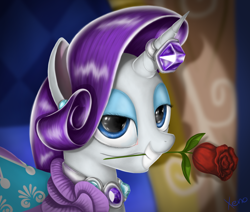 Size: 1500x1272 | Tagged: safe, artist:the1xeno1, rarity, pony, unicorn, horn ring, mouth hold, rose, solo