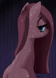 Size: 1800x2500 | Tagged: safe, artist:misspolycysticovary, pinkie pie, earth pony, pony, crying, dark, looking back, pinkamena diane pie, rain, running makeup, sad, solo