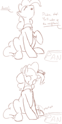 Size: 700x1400 | Tagged: safe, artist:goat train, pinkie pie, earth pony, pony, awoo, behaving like a dog, collar, cute, disembodied hand, dog collar, food bowl, howling, monochrome, panko, pet, pet play, pet tag, puppy pie, scratch reflex