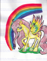 Size: 1024x1327 | Tagged: safe, artist:alaer, fluttershy, pegasus, pony, obtrusive watermark, rainbow, solo, traditional art, watermark