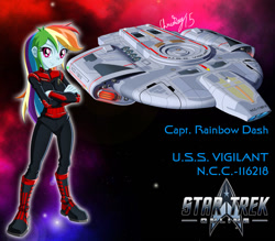 Size: 955x836 | Tagged: safe, artist:captricosakara, derpibooru import, rainbow dash, equestria girls, boots, captain, clothes, commission, crossover, defiant, humanized, science fiction, space, spaceship, star trek, star trek online, starfleet, uniform